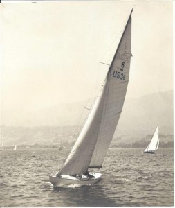 Photo of "Lucie" in 1931 practicing in Santa Barbara, California for the 1932 Los Angles Olympic Games Trials.